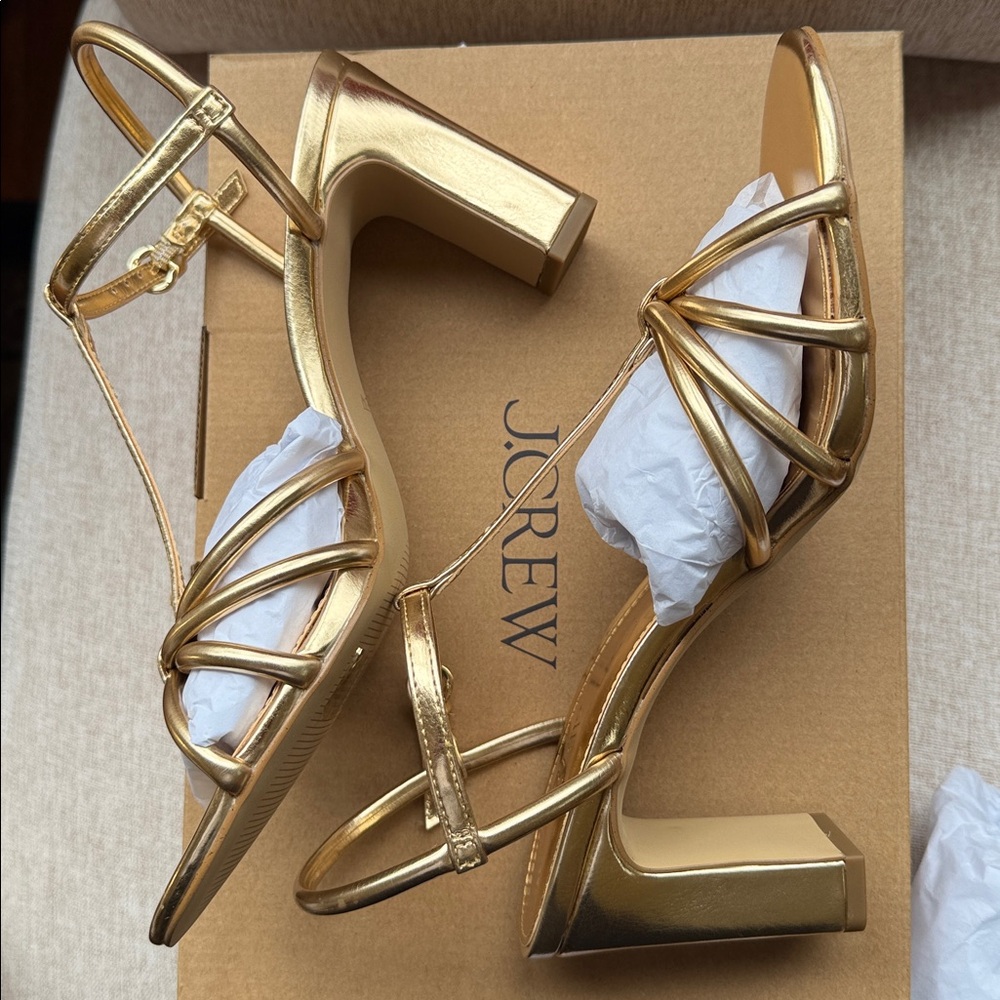 NWT! MSRP $148 J.Crew Elegant Gold Strappy Heels - Picture 4 of 7